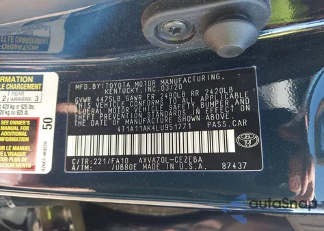 2020 Toyota Camry L z USA, uszkodzony, nr VIN 4T1A11AK4LU951771